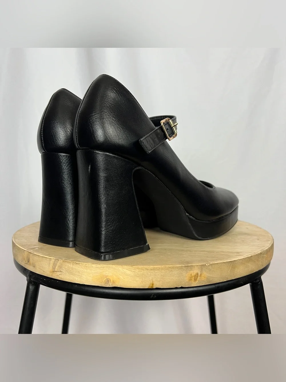 Black Faux Leather Chunky Platform Mary Janes
